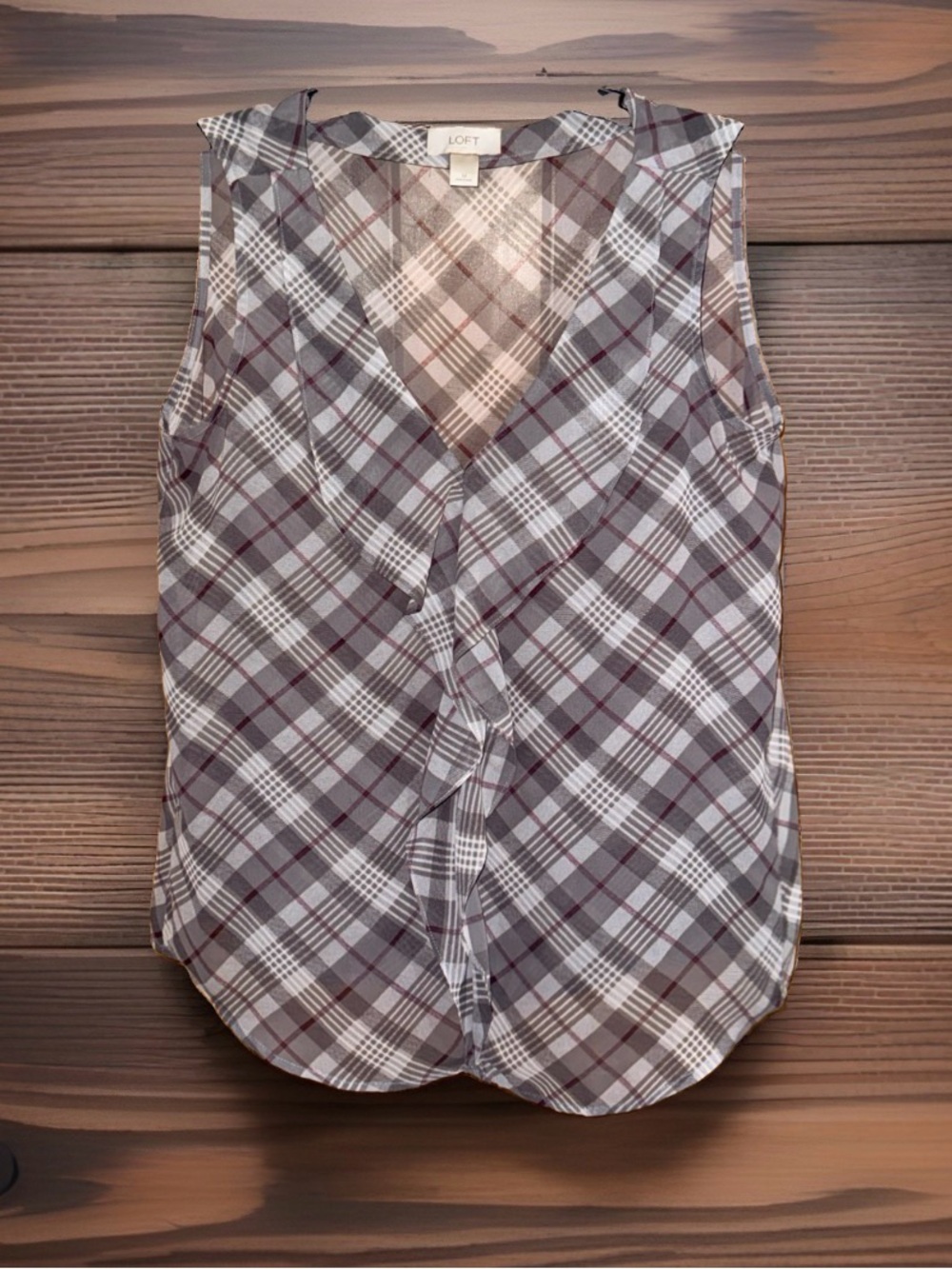 LOFT Plaid Sleeveless V-Neck Ruffle-Front Top